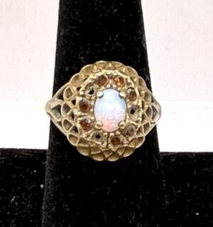 Vintage 18K HGP-? Opal & Garnet Lattice 'Basket' Dome Ring-Sz 8